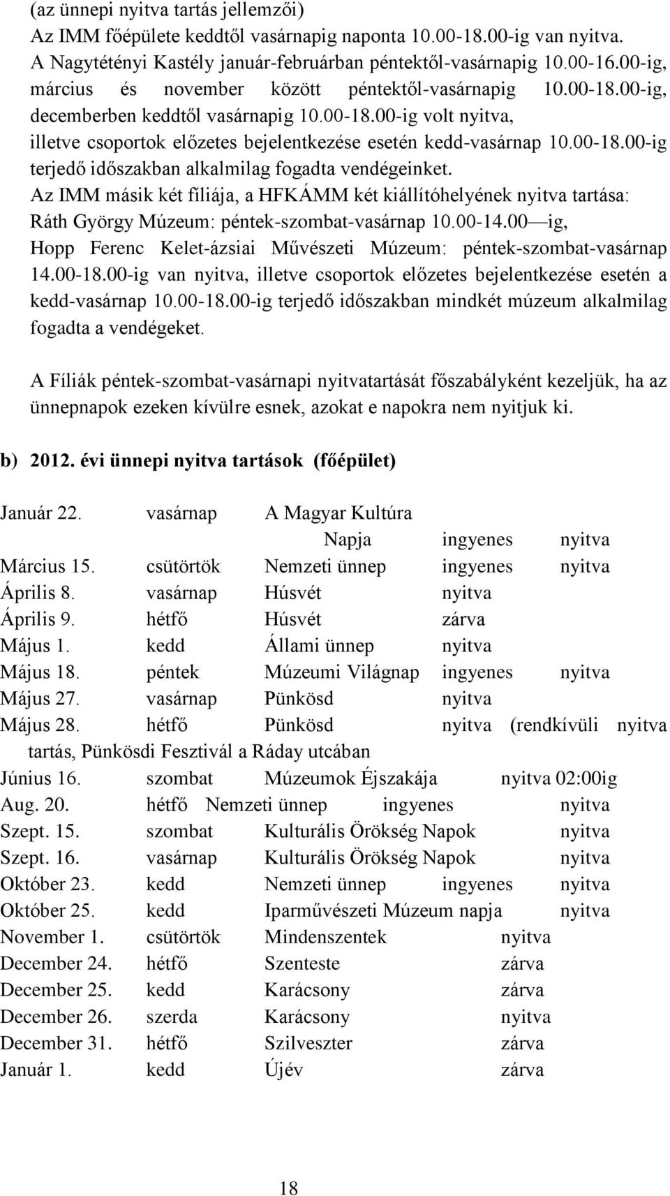 00-18.00-ig terjedő időszakban alkalmilag fogadta vendégeinket. Az IMM másik két fíliája, a HFKÁMM két kiállítóhelyének nyitva tartása: Ráth György Múzeum: péntek-szombat-vasárnap 10.00-14.