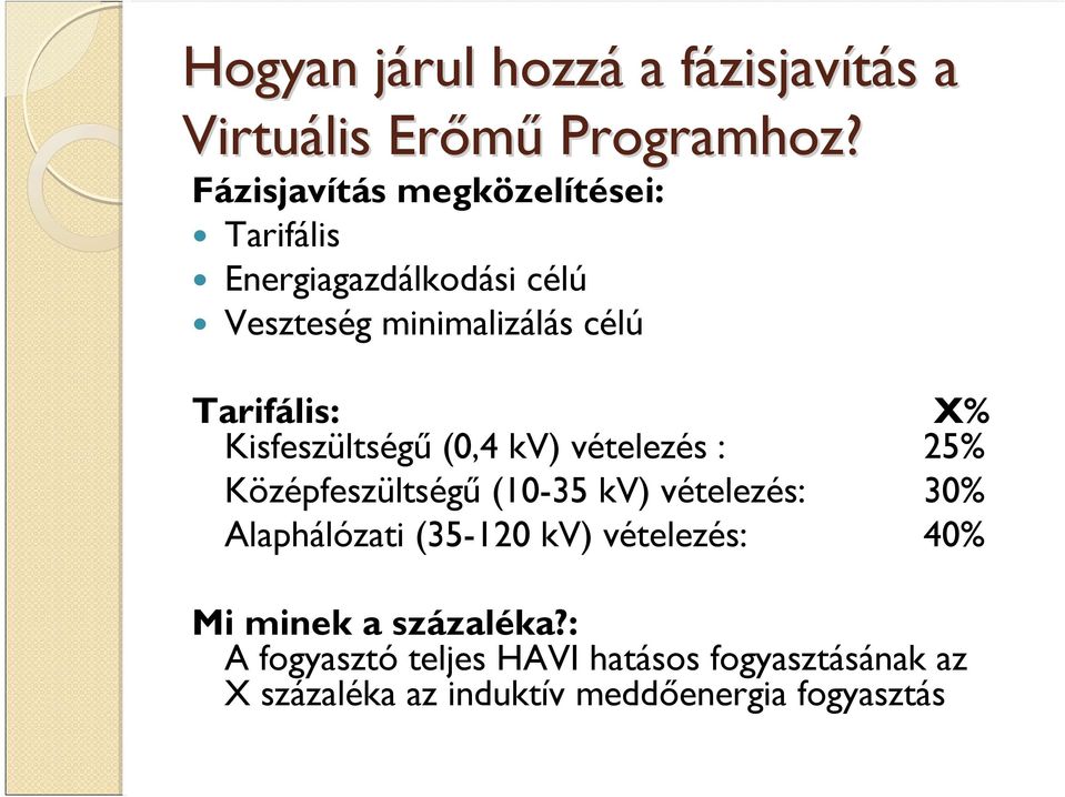 Kisfeszültségű (0,4 kv) vételezés : X% 25% Középfeszültségű (10-35 kv) vételezés: 30% Alaphálózati (35-120