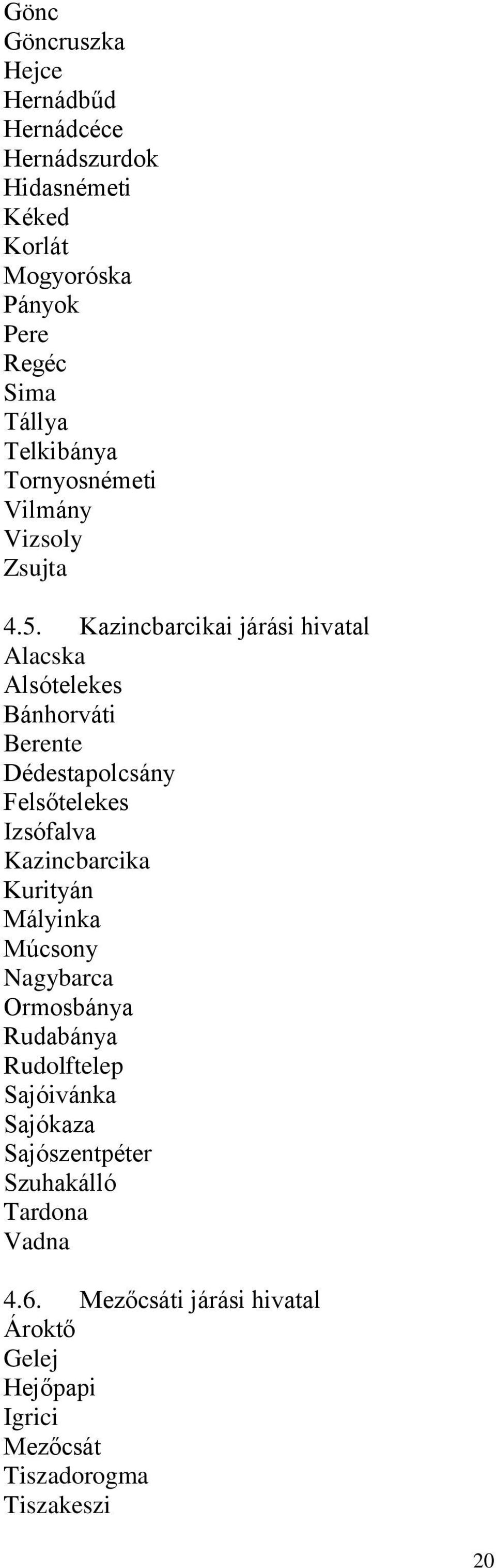 Kazincbarcikai járási hivatal Alacska Alsótelekes Bánhorváti Berente Dédestapolcsány Felsőtelekes Izsófalva Kazincbarcika Kurityán