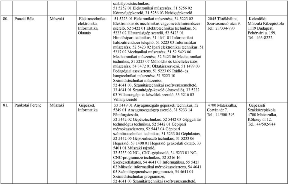 02 Elektronikus és mechanikus vagyonvédelmirendszer szerelő, 52 5422 01 Elektrotechnikai technikus, 51 5223 02 Háztartásigép szerelő, 52 5423 01 Híradásipari technikus, 31 4641 01 Informatikai