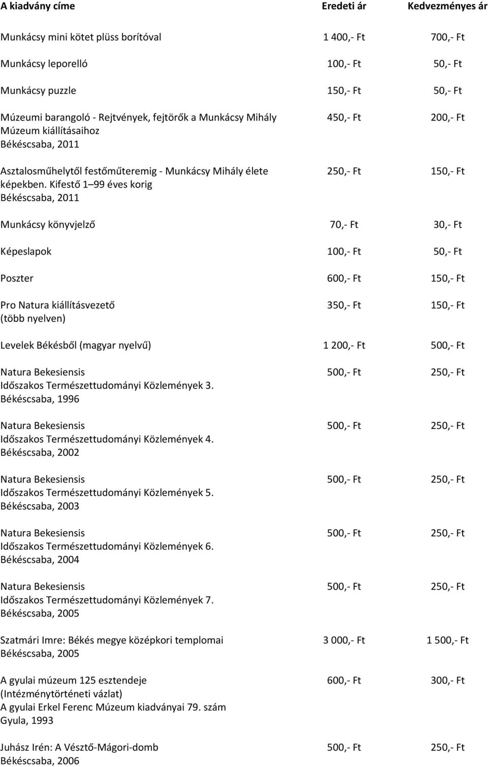 Kifestő 1 99 éves korig 450,- Ft 200,- Ft 250,- Ft 150,- Ft Munkácsy könyvjelző 70,- Ft 30,- Ft Képeslapok 50,- Ft Poszter 600,- Ft 150,- Ft Pro Natura kiállításvezető (több nyelven) 350,- Ft 150,-