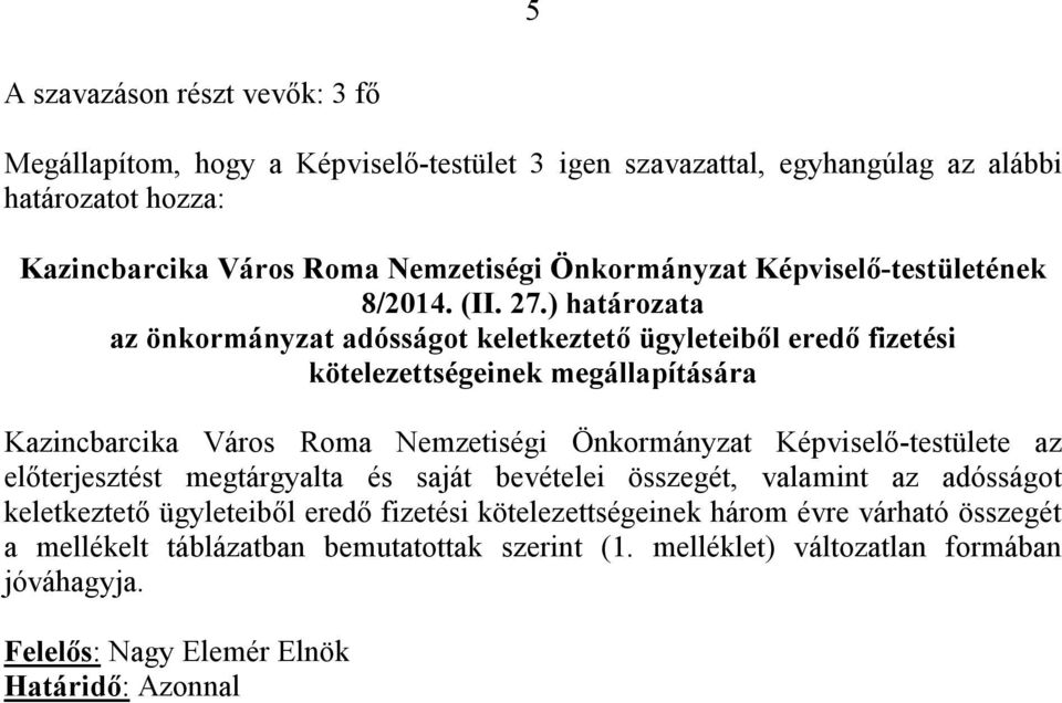 ) határozata az önkormányzat adósságot keletkeztető ügyleteiből eredő fizetési kötelezettségeinek megállapítására Kazincbarcika Város Roma Nemzetiségi Önkormányzat