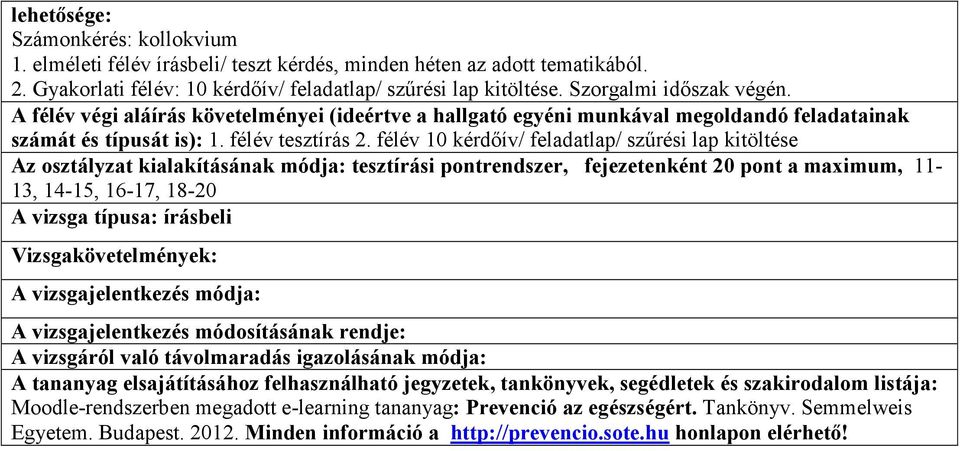 félév 10 kérdőív/ feladatlap/ szűrési lap kitöltése Az osztályzat kialakításának módja: tesztírási pontrendszer, fejezetenként 20 pont a maximum, 11-13, 14-15, 16-17, 18-20 A vizsga típusa: írásbeli