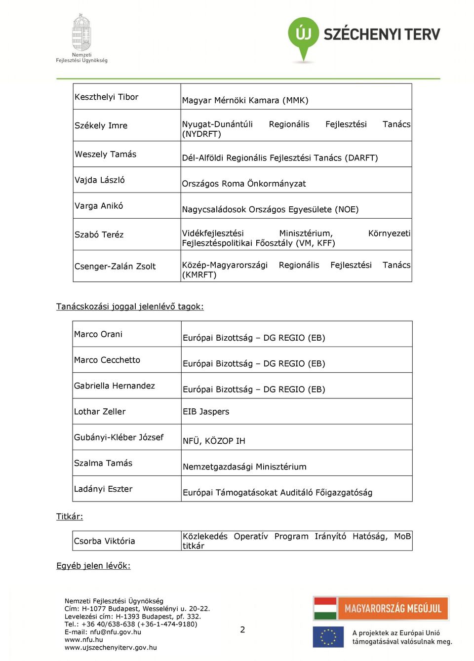 Közép-Magyarországi Regionális Fejlesztési Tanács (KMRFT) Tanácskozási joggal jelenlévő tagok: Marco Orani Marco Cecchetto Gabriella Hernandez Lothar Zeller Európai Bizottság DG REGIO (EB) Európai