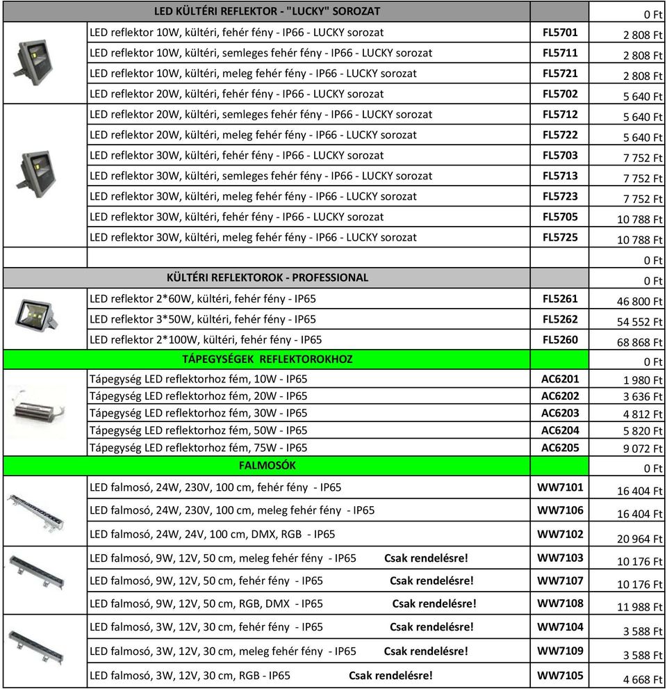 semleges fehér fény - IP66 - LUCKY sorozat FL5712 5 64 LED reflektor 20W, kültéri, meleg fehér fény - IP66 - LUCKY sorozat FL5722 5 64 LED reflektor 30W, kültéri, fehér fény - IP66 - LUCKY sorozat