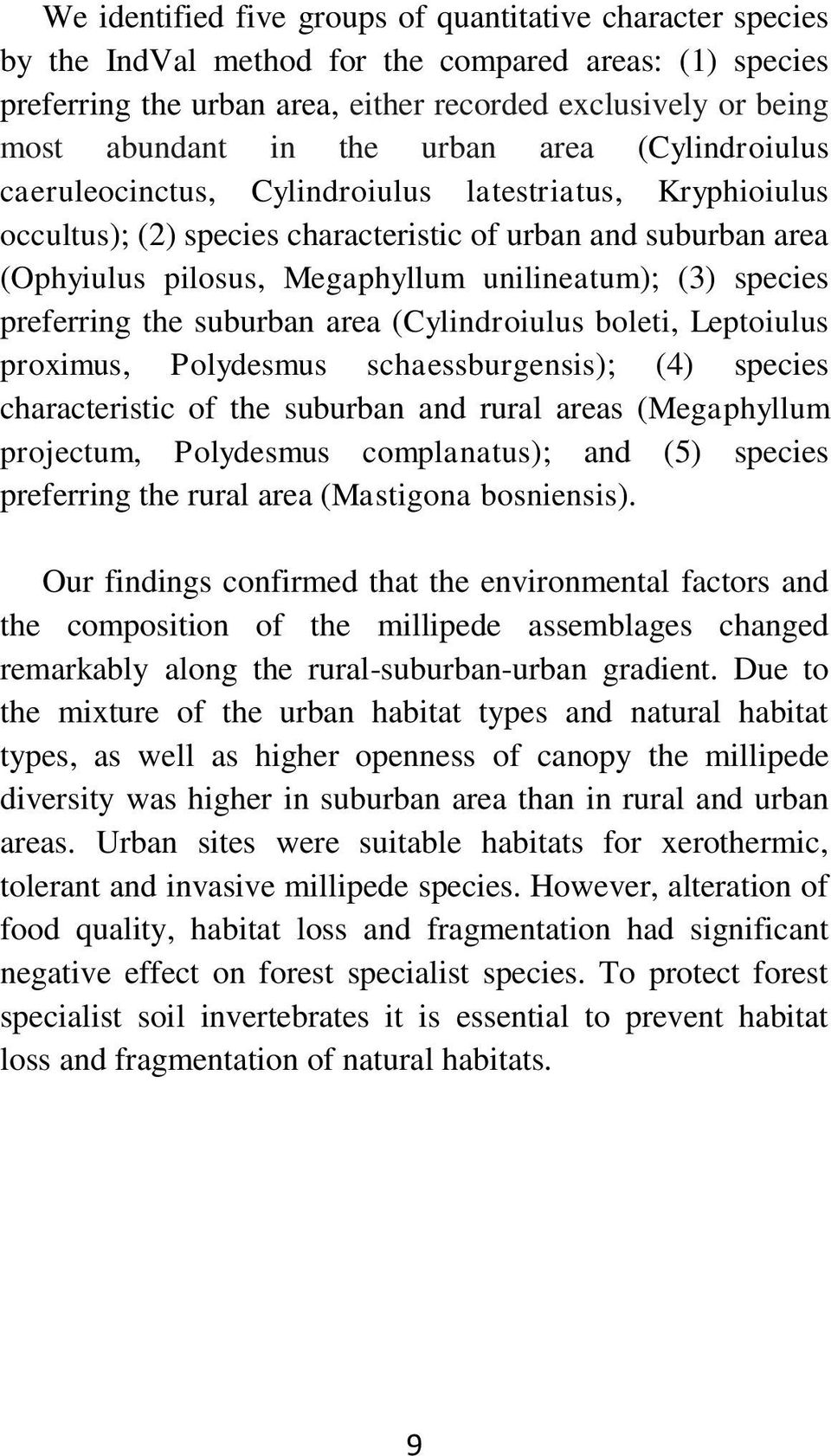 (3) species preferring the suburban area (Cylindroiulus boleti, Leptoiulus proximus, Polydesmus schaessburgensis); (4) species characteristic of the suburban and rural areas (Megaphyllum projectum,