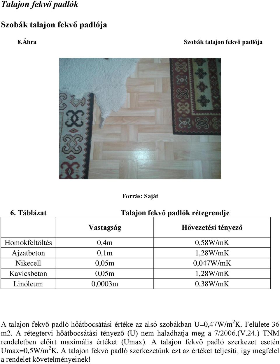 1,28W/mK Linóleum 0,0003m 0,38W/mK A talajon fekvő padló hőátbocsátási értéke az alsó szobákban U=0,47W/m 2 K. Felülete 36 m2.