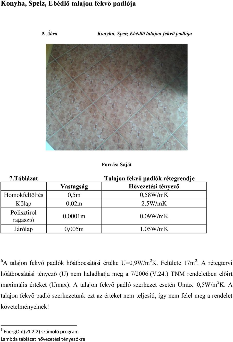 A talajon fekvő padlók hőátbocsátási értéke U=0,9W/m 2 K. Felülete 17m 2. A rétegtervi hőátbocsátási tényező (U) nem haladhatja meg a 7/2006.(V.24.