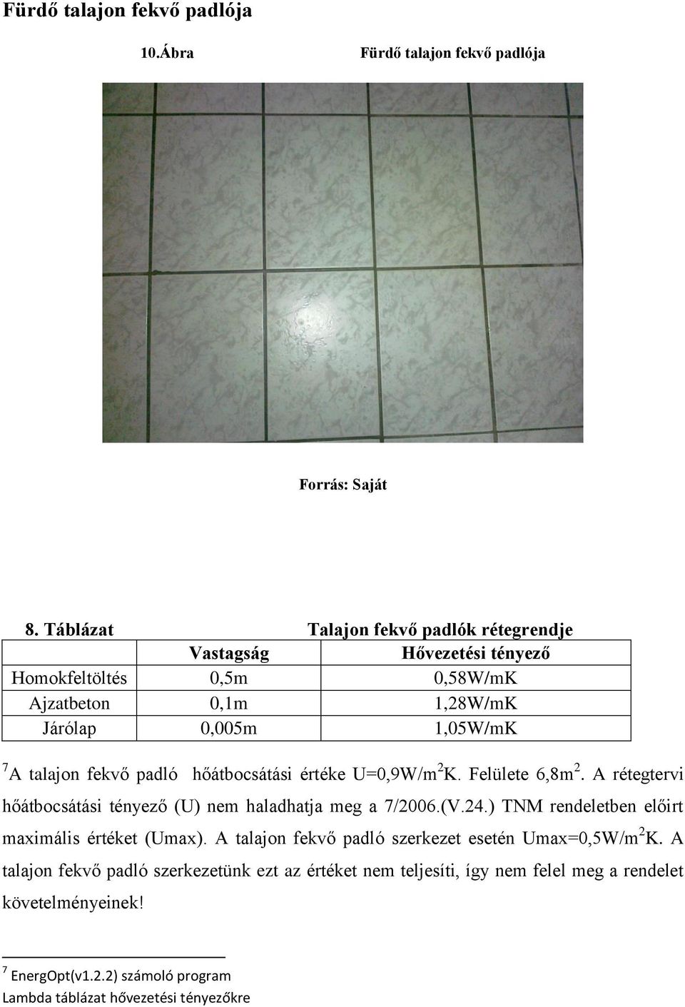 padló hőátbocsátási értéke U=0,9W/m 2 K. Felülete 6,8m 2. A rétegtervi hőátbocsátási tényező (U) nem haladhatja meg a 7/2006.(V.24.