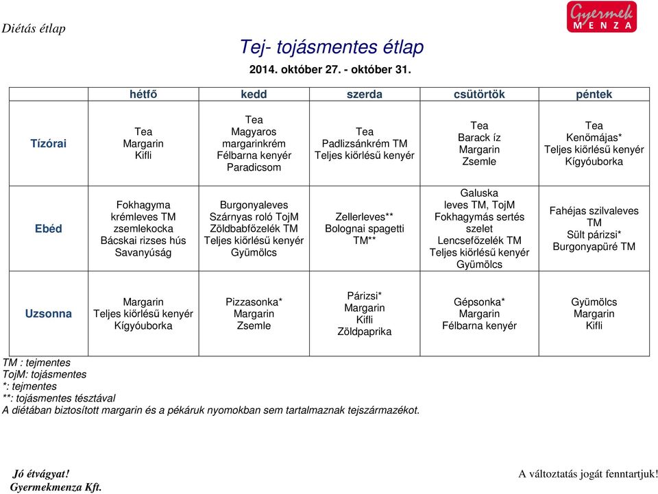 hús Burgonyaleves Szárnyas roló TojM Zöldbabfőzelék TM Zellerleves** Bolognai spagetti