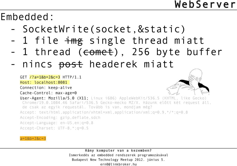 5 (KHTML, like Gecko) Chrome/19.0.1084.46 Safari/536.5 Gecko-mecko MZ/X. Házunk előtt két request áll, de csak az egyik requestál. Tovább is van, mondjam még?