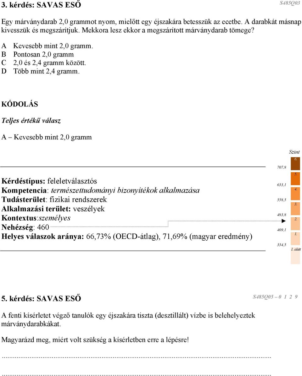 Kérdéstípus: feleletválasztós Kompetencia: természettudományi bizonyítékok alkalmazása Tudásterület: fizikai rendszerek Alkalmazási terület: veszélyek Kontextus:személyes Nehézség: 460 Helyes