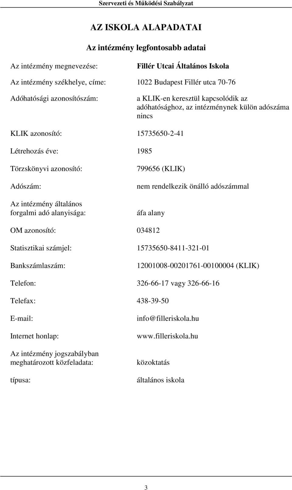 forgalmi adó alanyisága: 799656 (KLIK) nem rendelkezik önálló adószámmal áfa alany OM azonosító: 034812 Statisztikai számjel: 15735650-8411-321-01 Bankszámlaszám: 12001008-00201761-00100004 (KLIK)