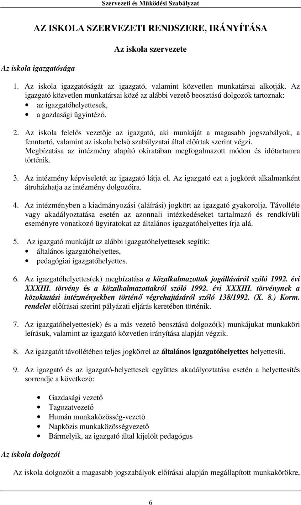 Az iskola felelős vezetője az igazgató, aki munkáját a magasabb jogszabályok, a fenntartó, valamint az iskola belső szabályzatai által előírtak szerint végzi.