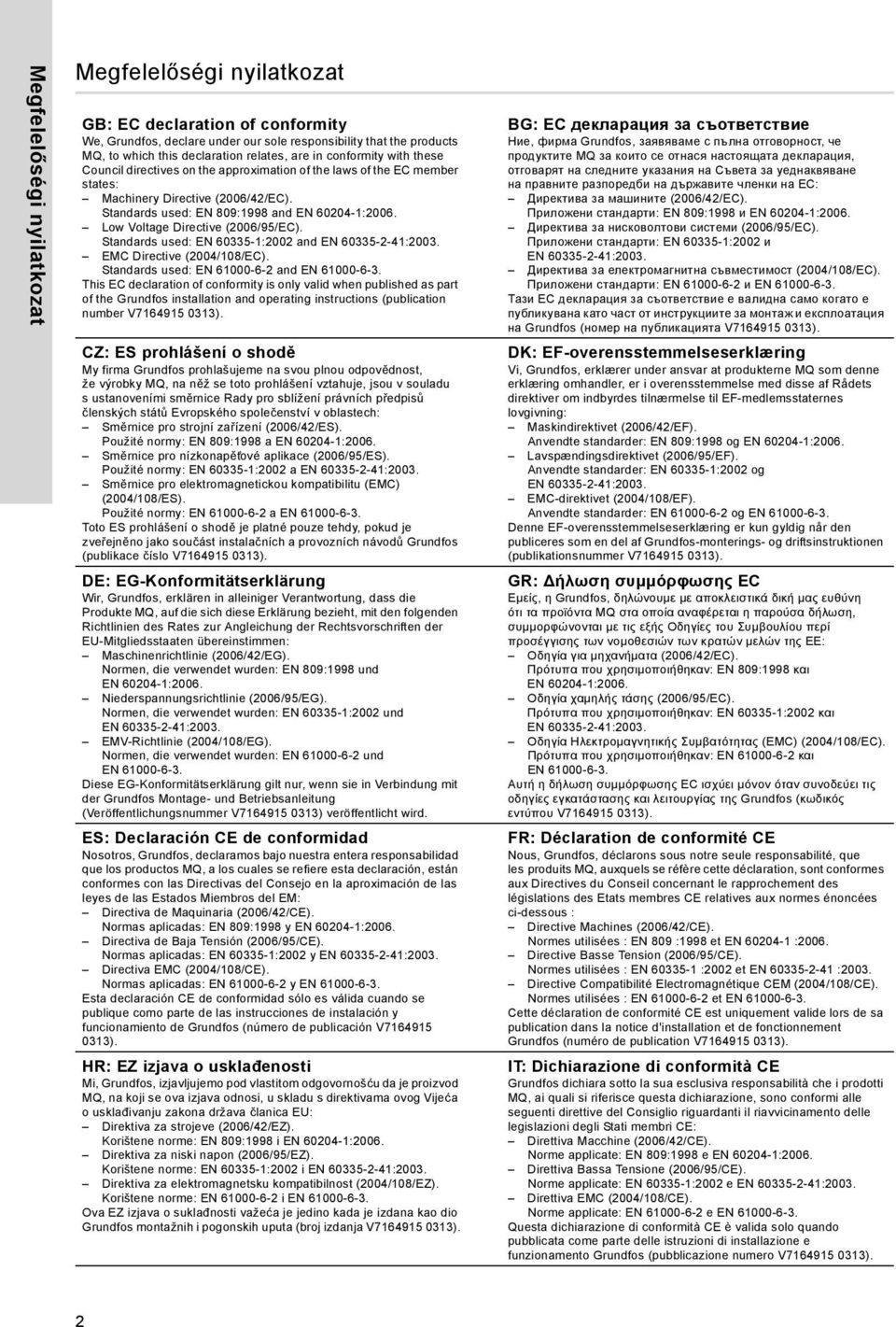 Low Voltage Directive (2006/95/EC). Standards used: EN 60335-1:2002 and EMC Directive (2004/108/EC). Standards used: EN 61000-6-2 and EN 61000-6-3.