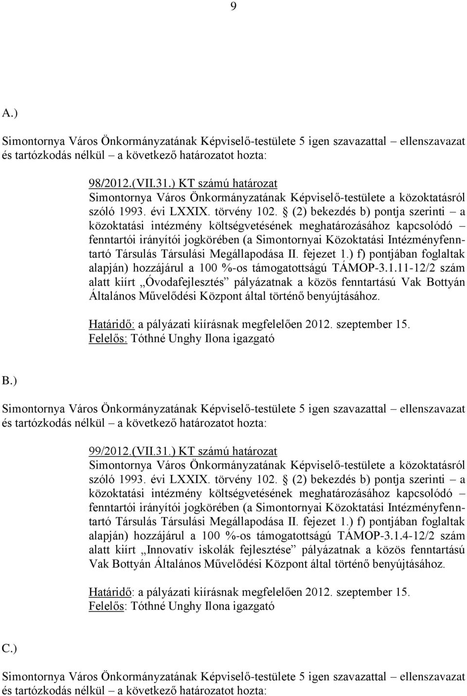 Megállapodása II. fejezet 1.) f) pontjában foglaltak alapján) hozzájárul a 100 %-os támogatottságú TÁMOP-3.1.11-12/2 szám alatt kiírt Óvodafejlesztés pályázatnak a közös fenntartású Vak Bottyán Általános Művelődési Központ által történő benyújtásához.