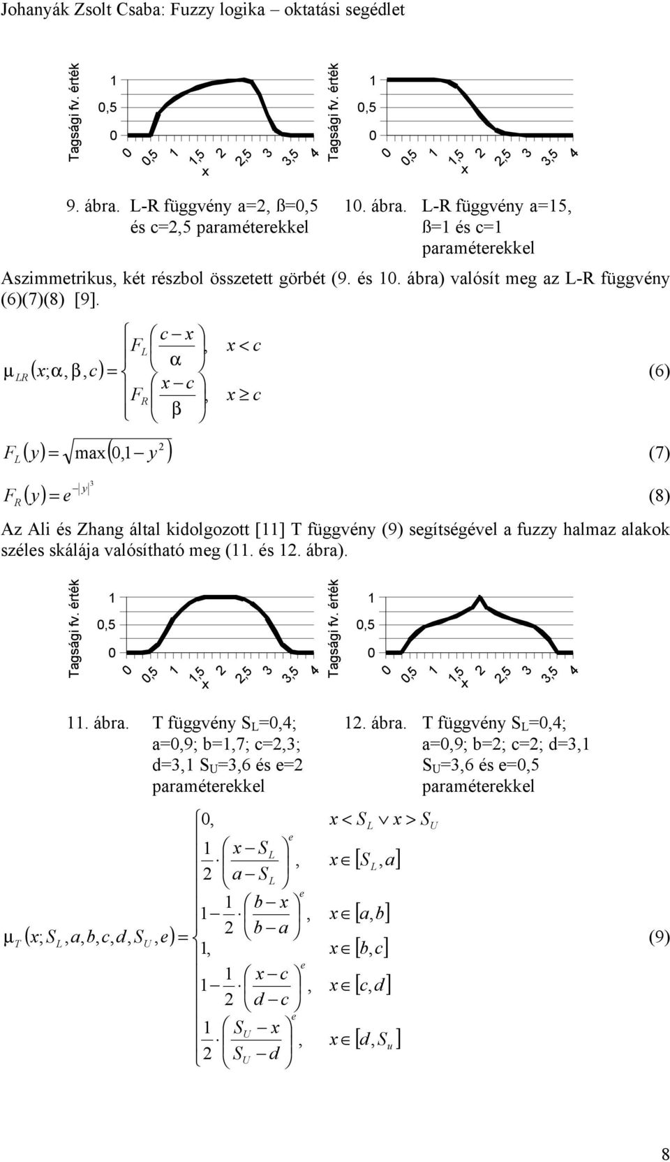 c FL, < c ( ) LR ;, β, c = (6) c FR, c β F L F R ( y) ma(, y ) ( y) = (7) y 3 = e (8) z li és Zhang által kidolgozott [] T függvény (9) segítségével a fuzzy halmaz alakok széles skálája valósítható