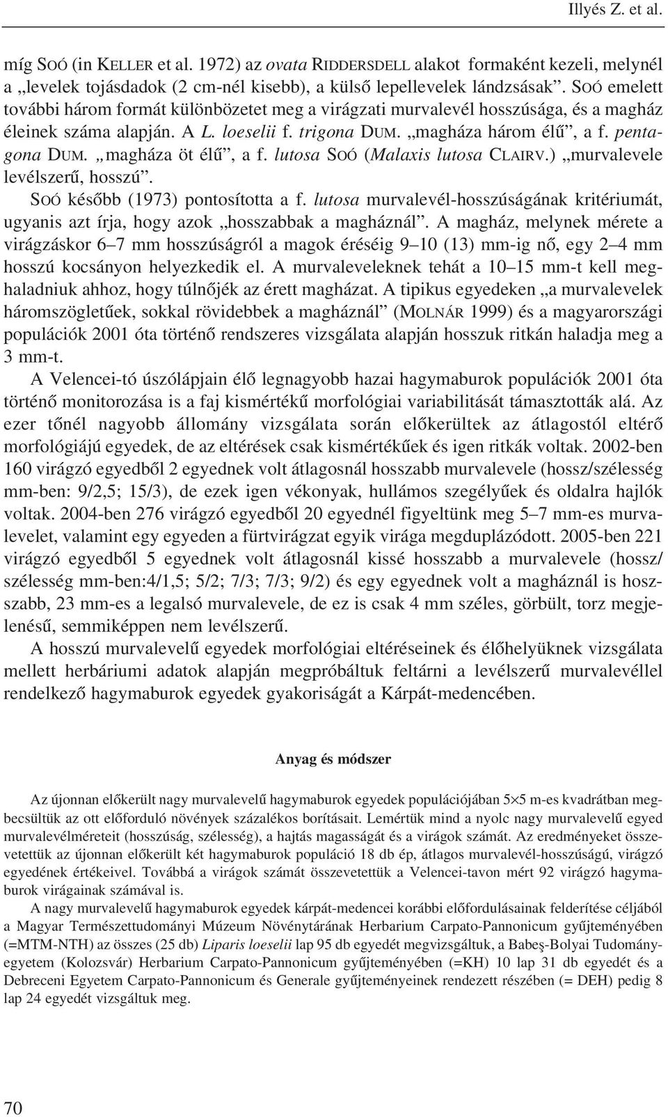 magháza öt élû, a f. lutosa SOÓ (Malaxis lutosa CLAIRV.) murvalevele levélszerû, hosszú. SOÓ késõbb (1973) pontosította a f.