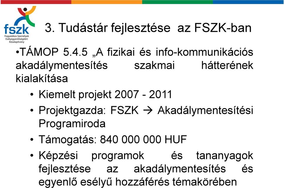 Kiemelt projekt 2007-2011 Projektgazda: FSZK Akadálymentesítési Programiroda