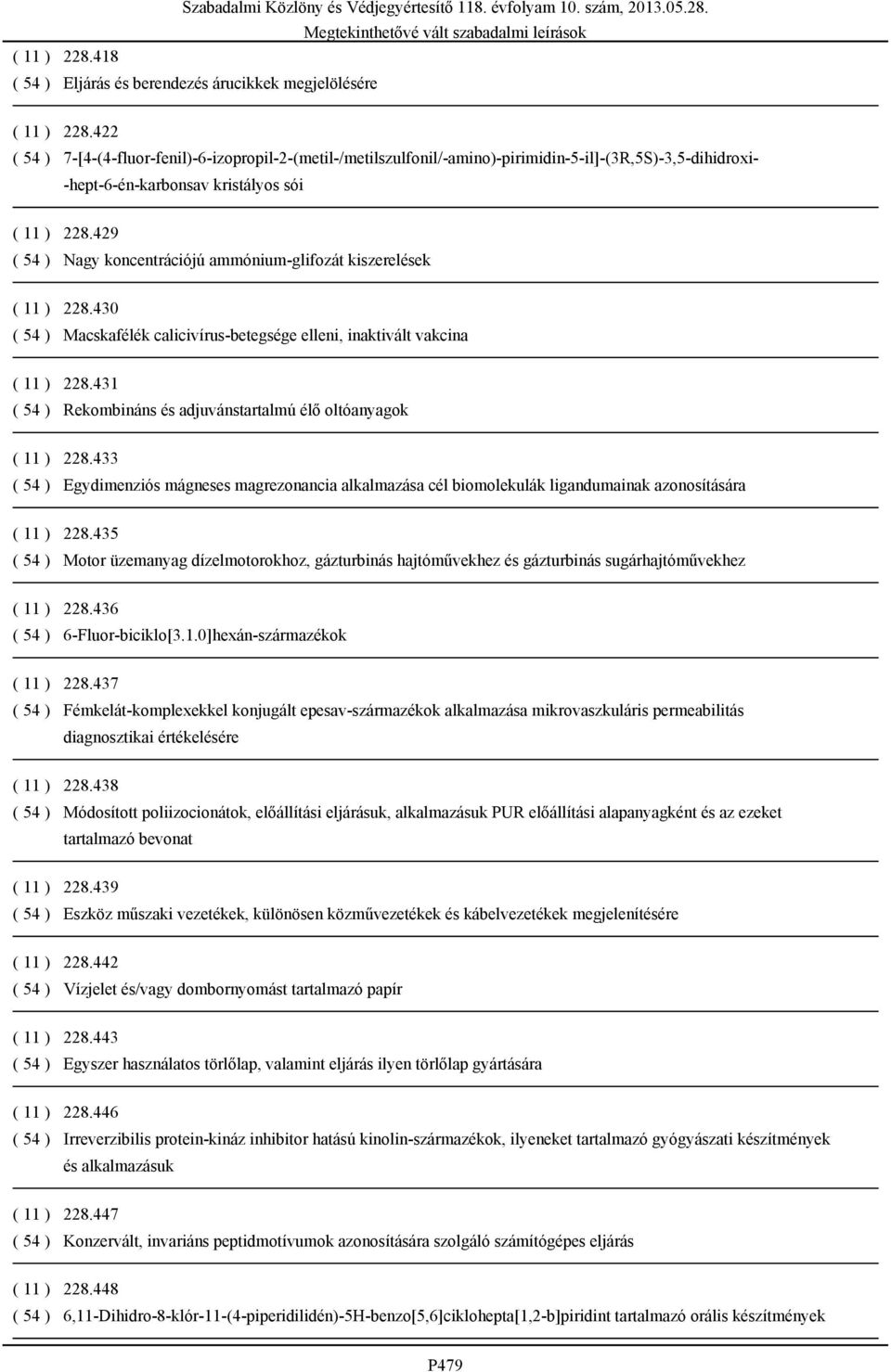 429 ( 54 ) Nagy koncentrációjú ammónium-glifozát kiszerelések ( 11 ) 228.430 ( 54 ) Macskafélék calicivírus-betegsége elleni, inaktivált vakcina ( 11 ) 228.