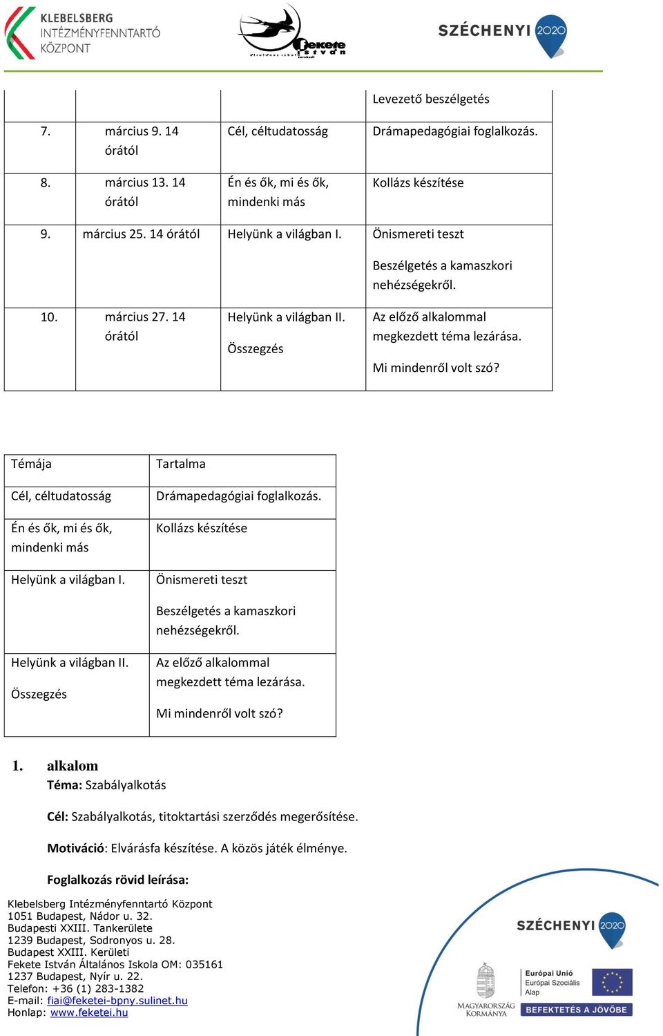 Témája Cél, céltudatosság Én és ők, mi és ők, mindenki más Helyünk a világban I. Tartalma Drámapedagógiai foglalkozás. Kollázs készítése Önismereti teszt Beszélgetés a kamaszkori nehézségekről.