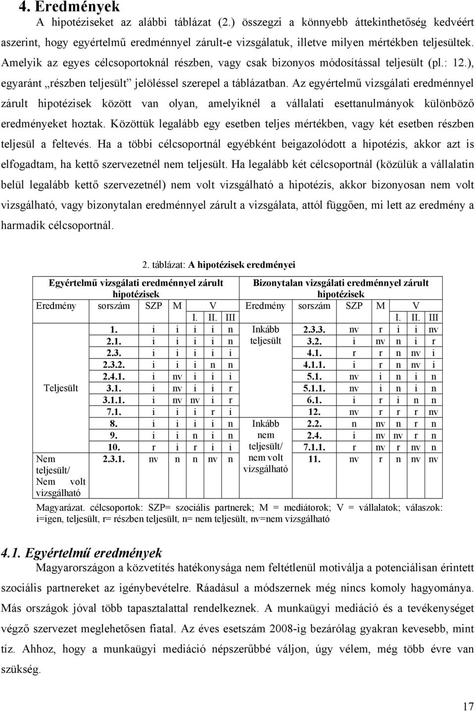 Az egyértelmű vizsgálati eredménnyel zárult hipotézisek között van olyan, amelyiknél a vállalati esettanulmányok különböző eredményeket hoztak.