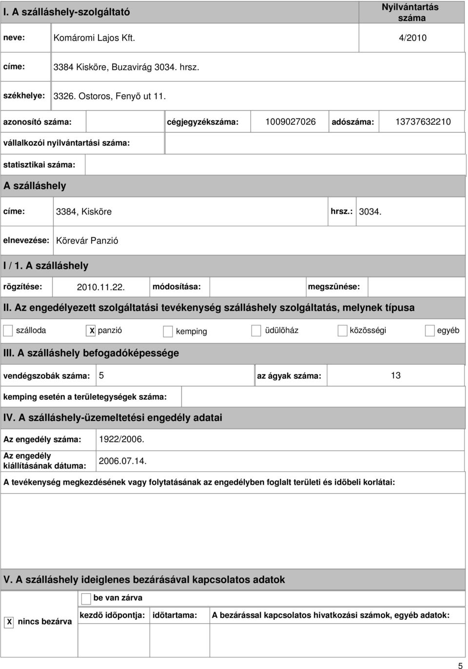 ezett szolgáltatási tevékenység szálláshely szolgáltatás, melynek típusa szálloda panzió kemping üdülõház közösségi egyéb