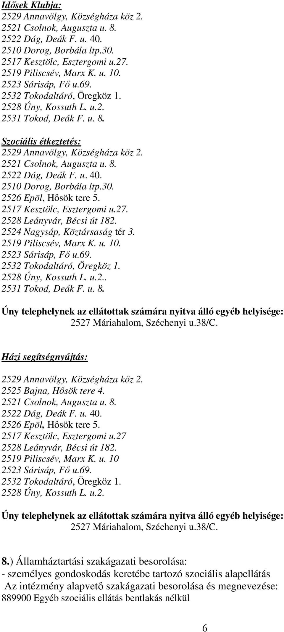 u. 40. 2510 Dorog, Borbála ltp.30. 2526 Epöl, Hősök tere 5. 2517 Kesztölc, Esztergomi u.27. 2528 Leányvár, Bécsi út 182. 2524 Nagysáp, Köztársaság tér 3. 2519 Piliscsév, Marx K. u. 10.