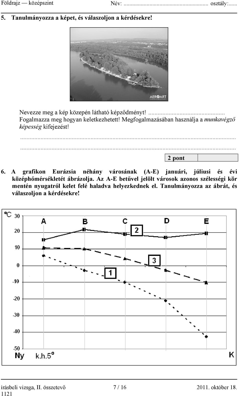 A grafikon Eurázsia néhány városának (A-E) januári, júliusi és évi középhőmérsékletét ábrázolja.