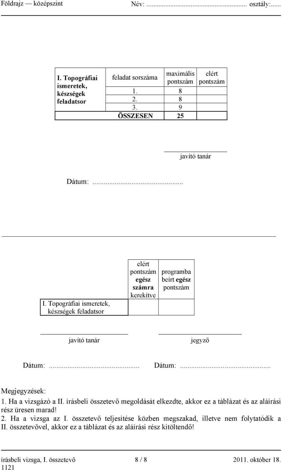 Ha a vizsgázó a II. írásbeli összetevő megoldását elkezdte, akkor ez a táblázat és az aláírási rész üresen marad! 2. Ha a vizsga az I.