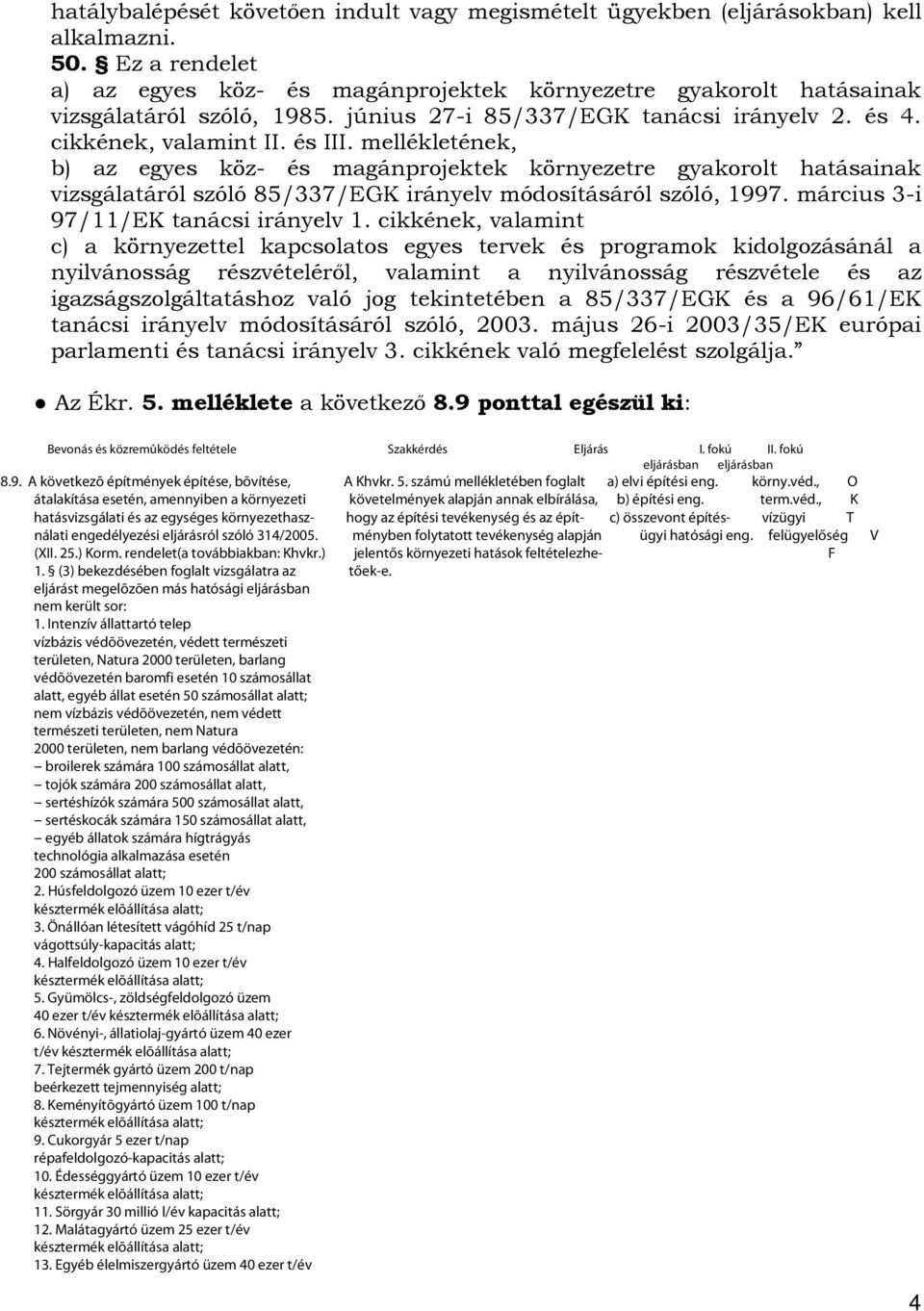 mellékletének, b) az egyes köz- és magánprojektek környezetre gyakorolt hatásainak vizsgálatáról szóló 85/337/EGK irányelv módosításáról szóló, 1997. március 3-i 97/11/EK tanácsi irányelv 1.