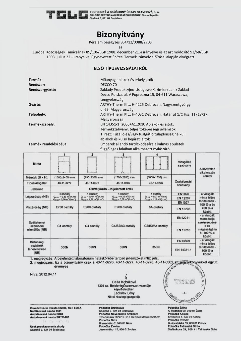 Produkcyjno-Uslugowe Kazimierz Janik Zaklad Decco Polska, ul. V Popreczna 15, 04-611 Waraszawa, Lengyelország Gyártó: ARTHY-Therm Kft., H-4225 Debrecen, Nagyszentgyörgy u. 69.