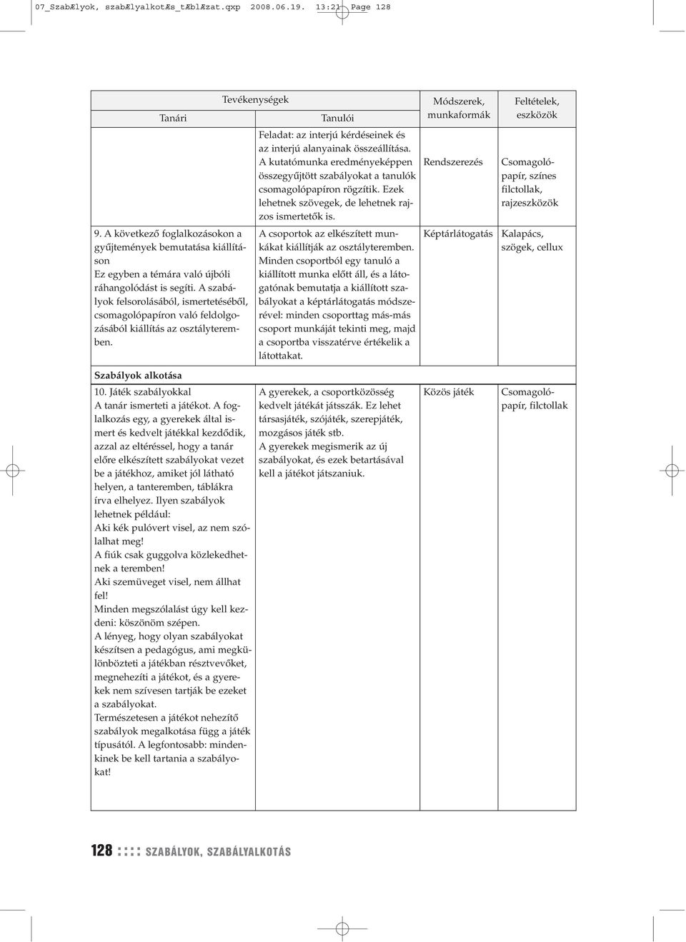 A kutatómunka eredményeképpen összegyűjtött szabályokat a tanulók csomagolópapíron rögzítik. Ezek lehetnek szövegek, de lehetnek rajzos ismertetők is.