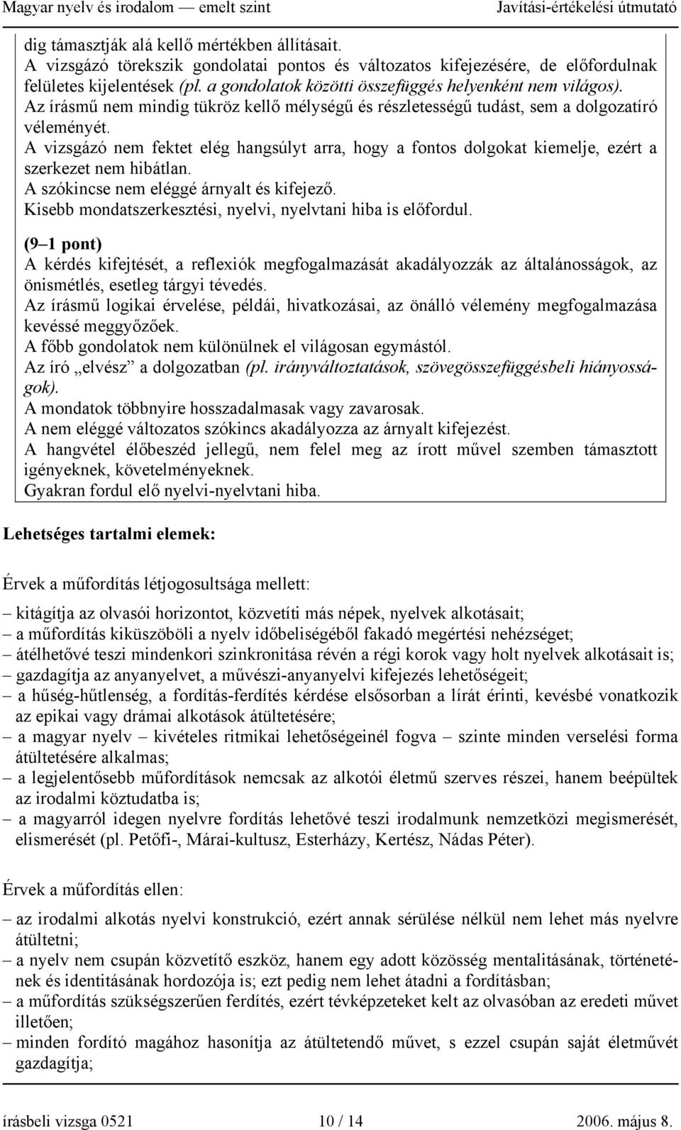 A vizsgázó nem fektet elég hangsúlyt arra, hogy a fontos dolgokat kiemelje, ezért a szerkezet nem hibátlan. A szókincse nem eléggé árnyalt és kifejező.