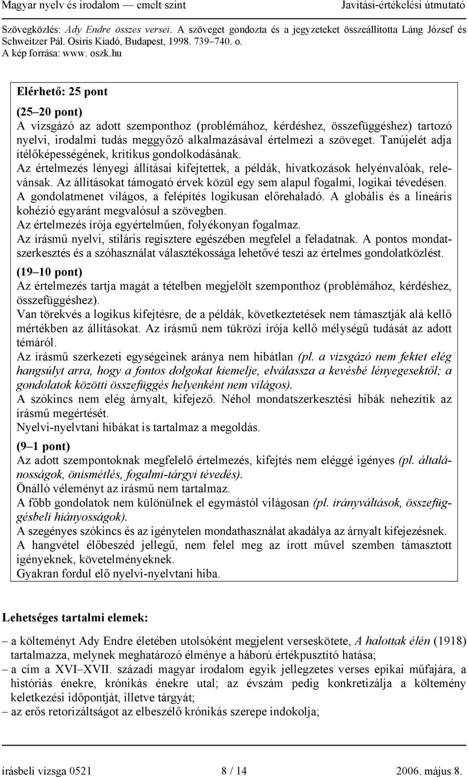 Tanújelét adja ítélőképességének, kritikus gondolkodásának. Az értelmezés lényegi állításai kifejtettek, a példák, hivatkozások helyénvalóak, relevánsak.