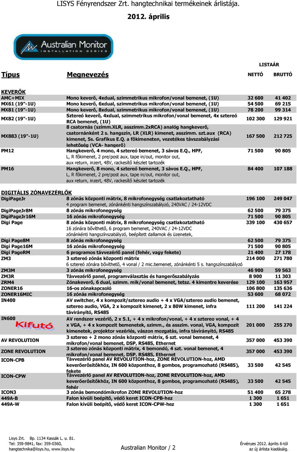 2xrca) analóg hangkeverő, csatornánként 2 s. hangszín, LR (XLR) kimenet, asszimm. szt.aux (RCA) kimenet, 5s. Grafikus E.Q.