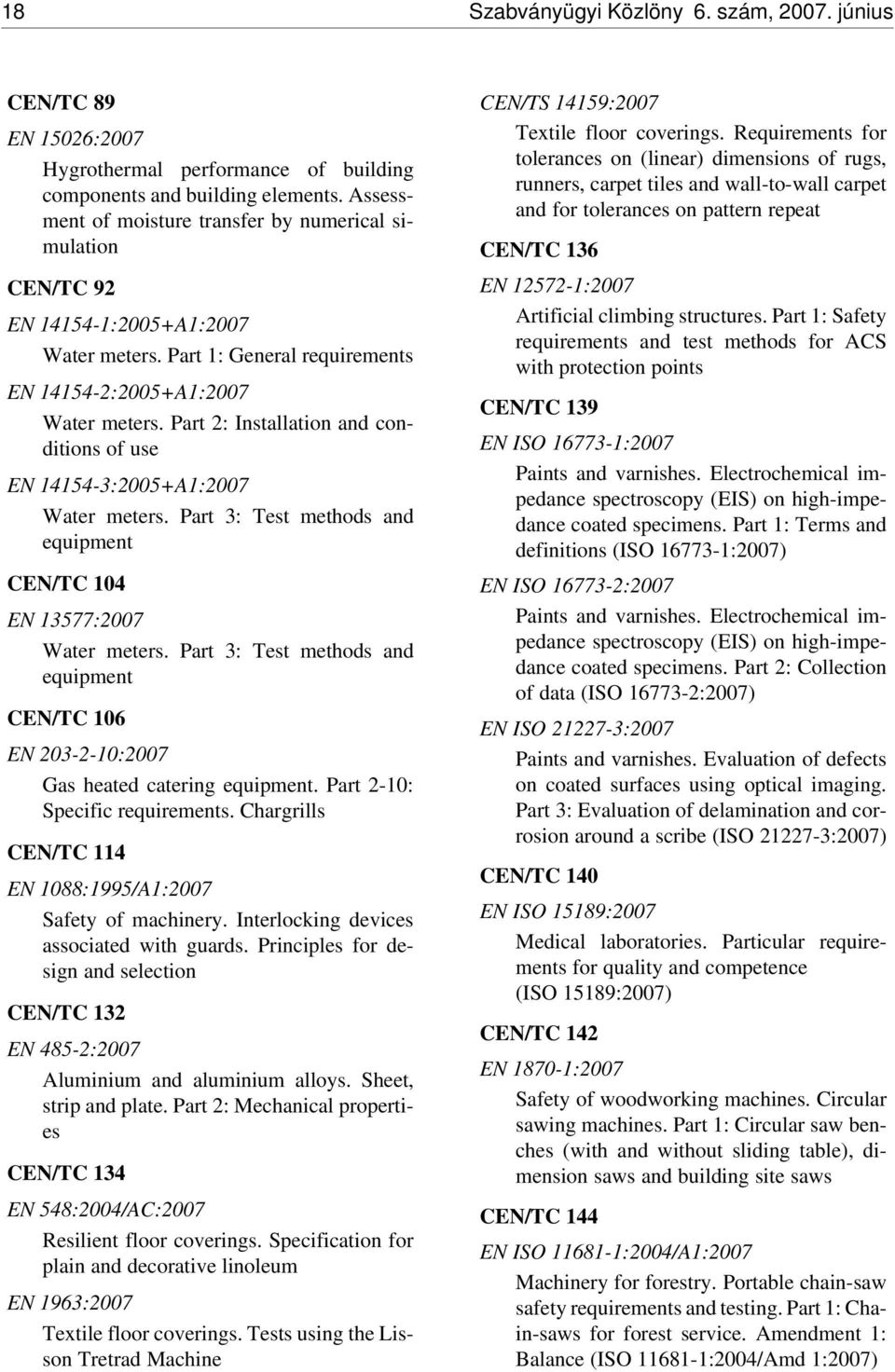 Part 2: Installation and conditions of use EN 14154-3:2005+A1:2007 Water meters. Part 3: Test methods and equipment CEN/TC 104 EN 13577:2007 Water meters.