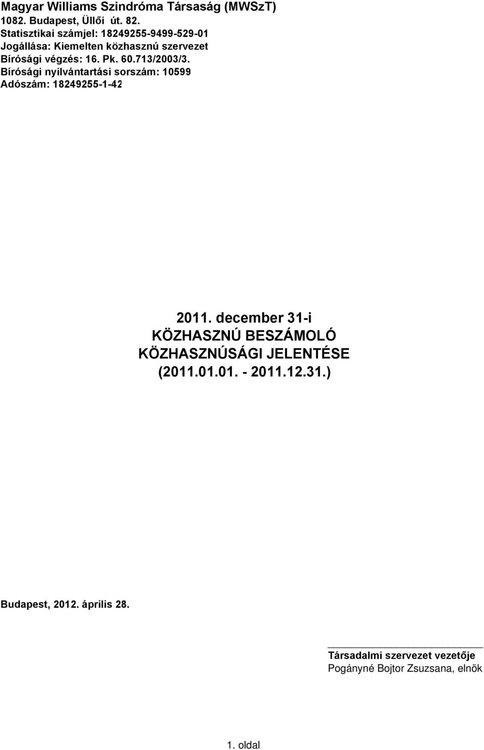 713/2003/3. Bírósági nyilvántartási sorszám: 10599 Adószám: 18249255-1-42 2011.