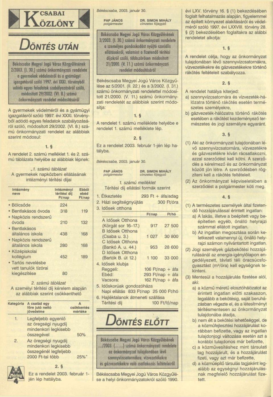 törvényből adódó egyes feladatok szabályozásáról szóló, módosított 29/2002. (VI. 8.) számú önkormányzati rendelet az alábbiak szerint módosul: 1. A rendelet 2. számú melléklet 1. és 2.