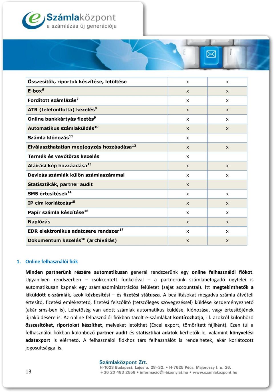 14 x x IP cím korlátozás 15 x x Papír számla készítése 16 x x Naplózás x x EDR elektronikus adatcsere rendszer 17 x x Dokumentum kezelés 18 (archiválás) x x 1.