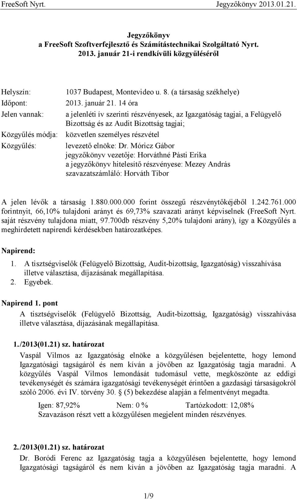 14 óra a jelenléti ív szerinti részvényesek, az Igazgatóság tagjai, a Felügyelő Bizottság és az Audit Bizottság tagjai; közvetlen személyes részvétel levezető elnöke: Dr.