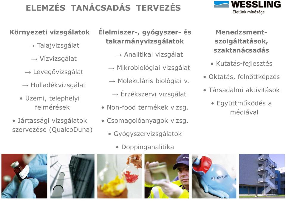 Mikrobiológiai vizsgálat Molekuláris biológiai v. Érzékszervi vizsgálat Non-food termékek vizsg. Csomagolóanyagok vizsg.