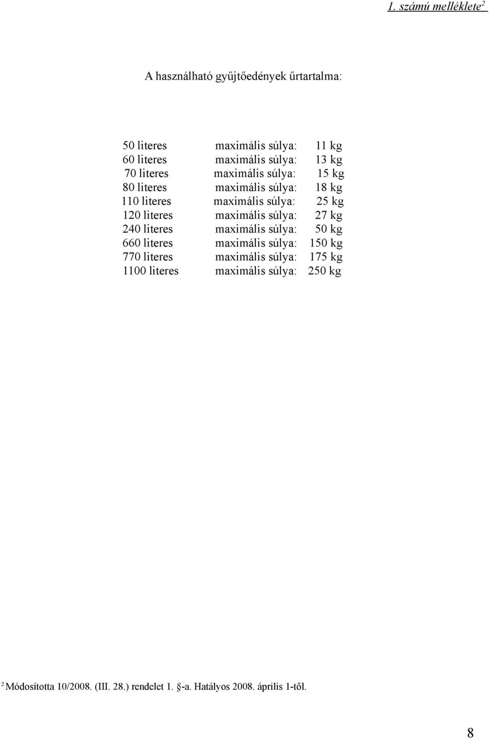 maximális súlya: 27 kg 240 literes maximális súlya: 50 kg 660 literes maximális súlya: 150 kg 770 literes maximális súlya: