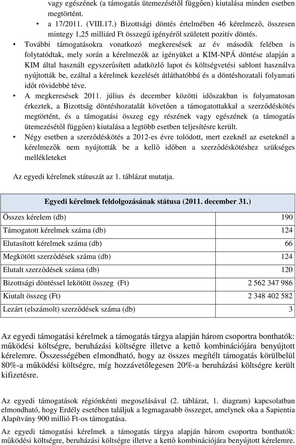 További támogatásokra vonatkozó megkeresések az év második felében is folytatódtak, mely során a kérelmezők az igényüket a KIM-NPÁ döntése alapján a KIM által használt egyszerűsített adatközlő lapot