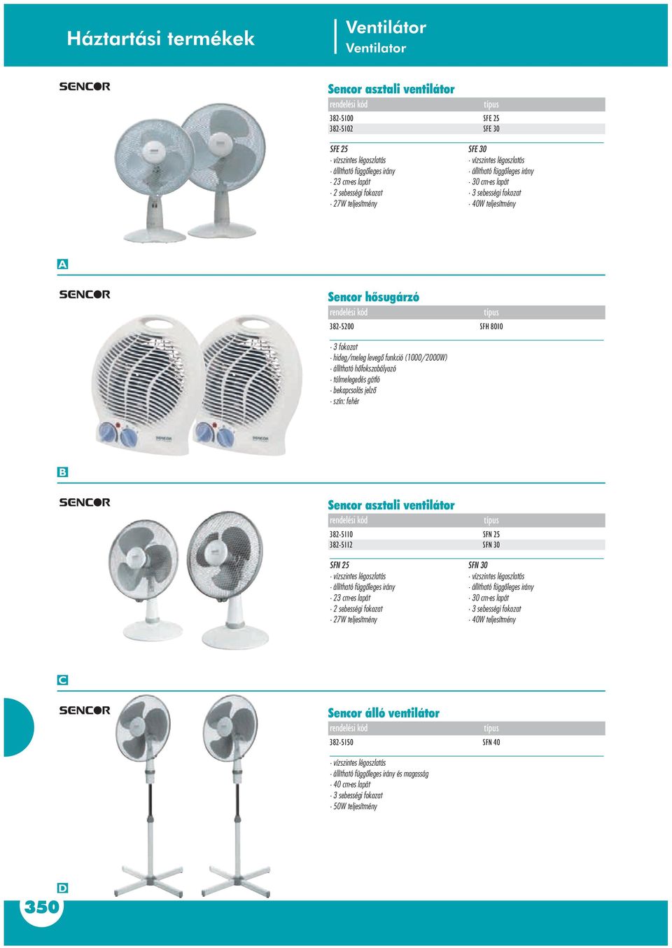 állítható hôfokszabályozó túlmelegedés gátló bekapcsolás jelzô szín: fehér Sencor asztali ventilátor 32-5110 32-5112 SFN 25 vízszintes légoszlatás állítható függôleges irány 23 cm-es lapát 2