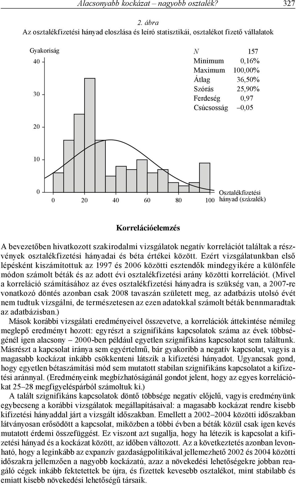 0,05 20 10 0 Osztalékfizetési 0 20 40 60 80 100 hányad (százalék) Korrelációelemzés A bevezetőben hivatkozott szakirodalmi vizsgálatok negatív korrelációt találtak a részvények osztalékfizetési