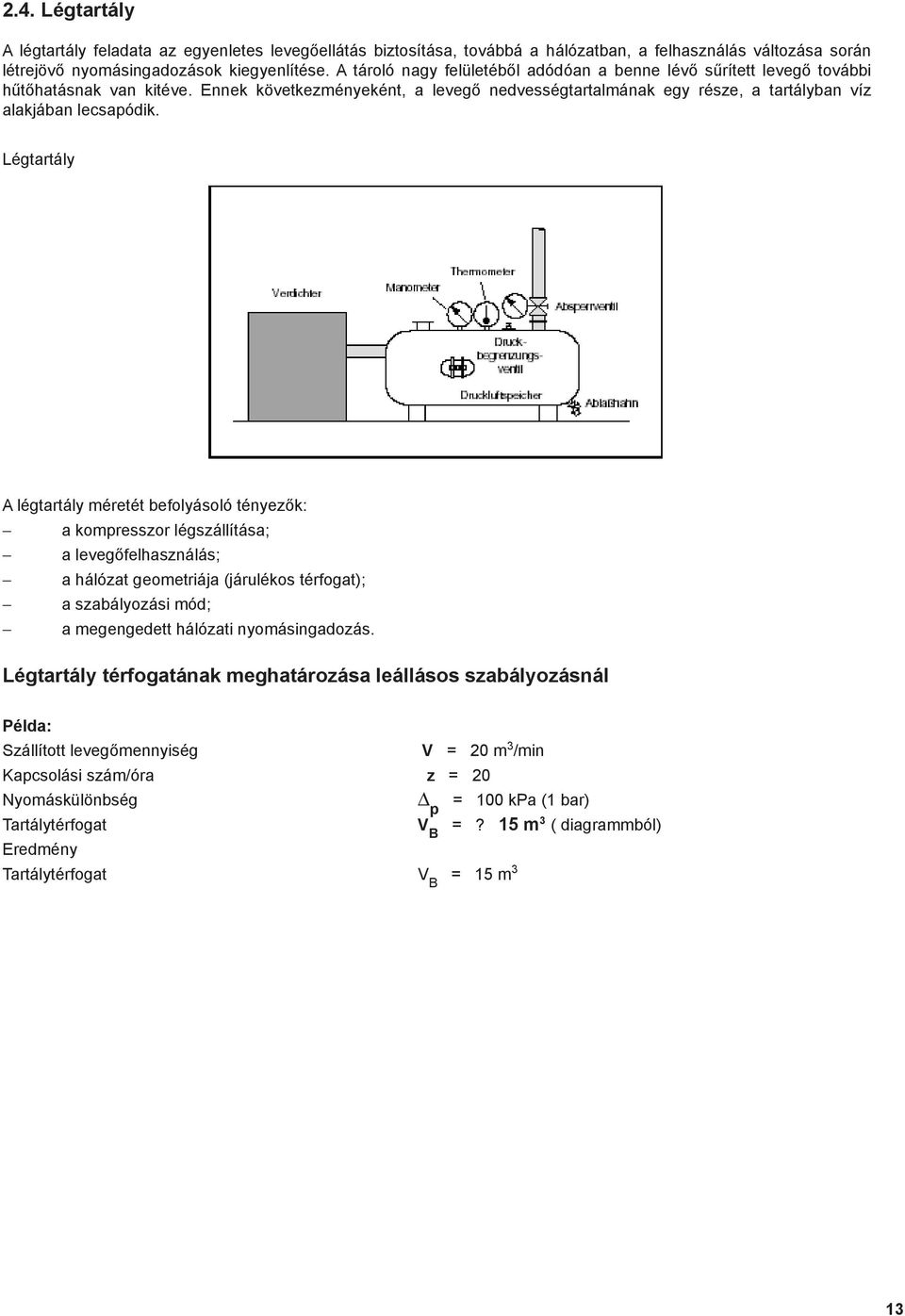 Légtartály A légtartály méretét befolyásoló tényezők: a kompresszor légszállítása; a levegőfelhasználás; a hálózat geometriája (járulékos térfogat); a szabályozási mód; a megengedett hálózati