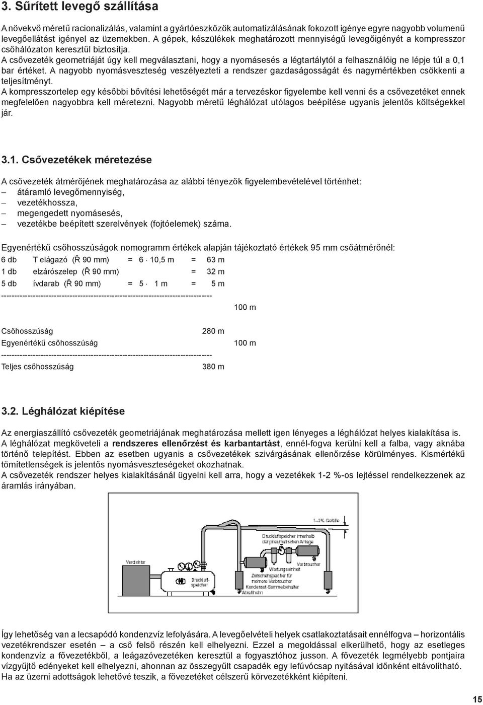 A csővezeték geometriáját úgy kell megválasztani, hogy a nyomásesés a légtartálytól a felhasználóig ne lépje túl a 0,1 bar értéket.