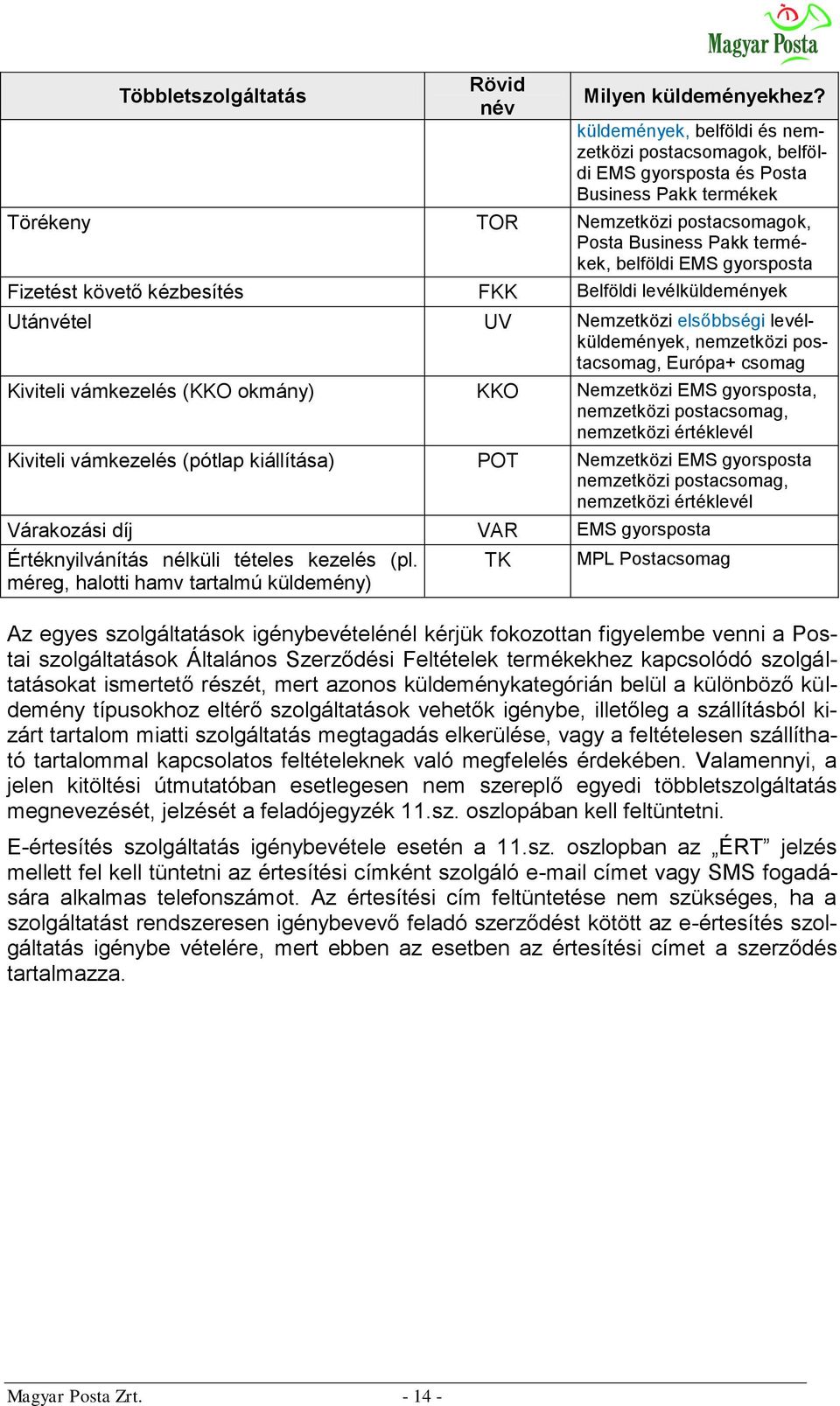 Fizetést követő kézbesítés FKK Belföldi levélküldemények Utánvétel UV Nemzetközi elsőbbségi levélküldemények, nemzetközi postacsomag, Európa+ csomag Kiviteli vámkezelés (KKO okmány) KKO Nemzetközi