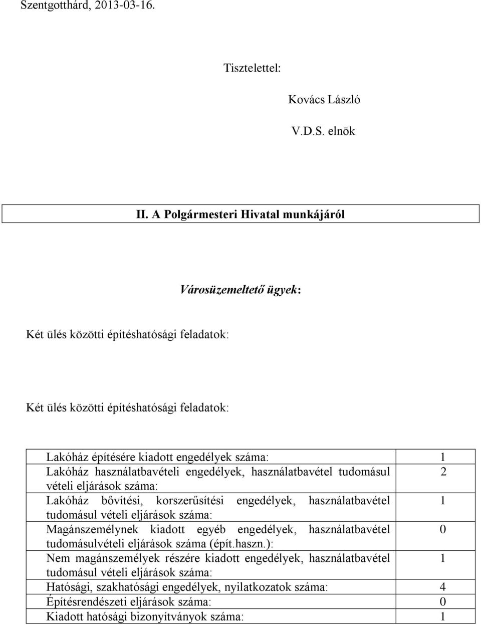 használatbavételi engedélyek, használatbavétel tudomásul 2 vételi eljárások száma: Lakóház bővítési, korszerűsítési engedélyek, használatbavétel 1 tudomásul vételi eljárások száma: Magánszemélynek